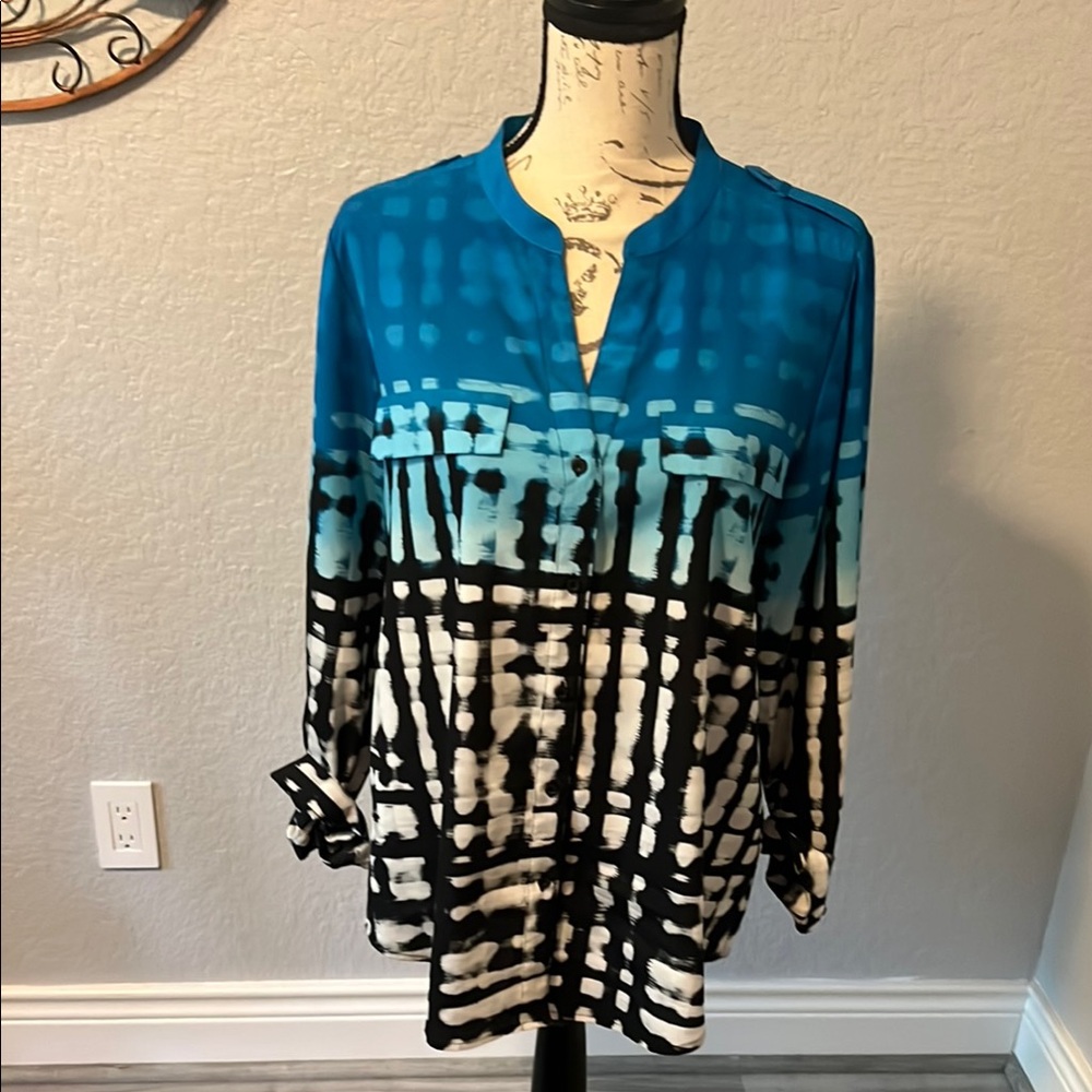 Calvin Klein Collection Blue and White 3/4 Sleeve Blouse